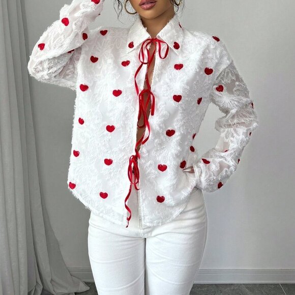 Red And White Casual Women's Contrast Heart Cut-Out Tie Up Blouse - Picture 3 of 6